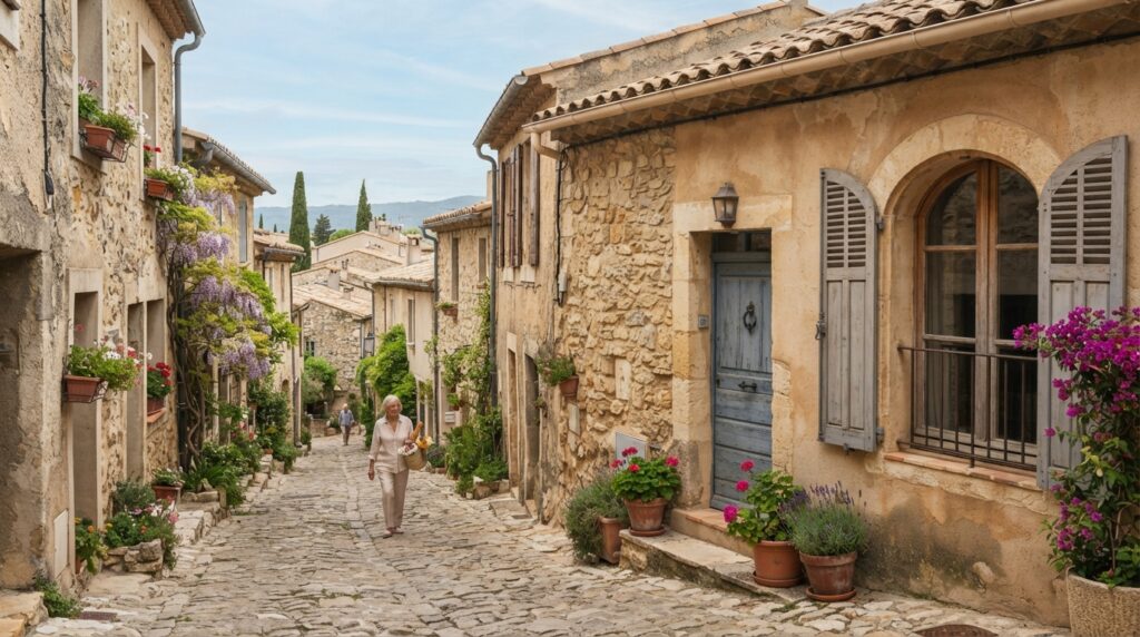 Illustration réaliste d'une maison de village à Biot avec façade en pierre et volets colorés