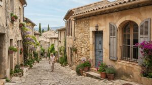Illustration réaliste d'une maison de village à Biot avec façade en pierre et volets colorés